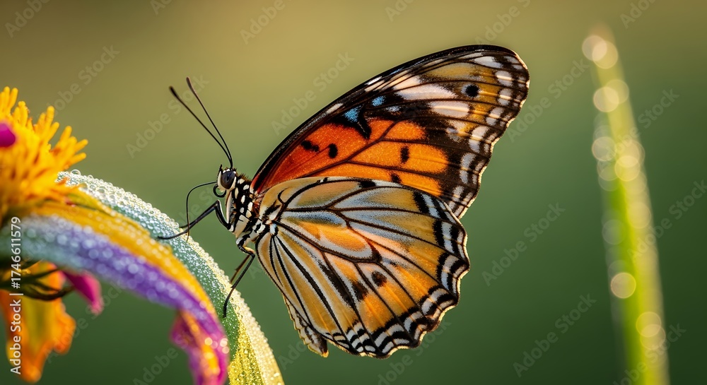 Fototapeta premium A stunning macro close-up captures a vibrant butterfly with intricately patterned orange, black, and white wings delicately perched on a dew-kissed flower. The petals, displaying rich yellow and subtl