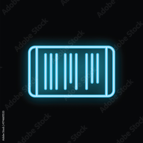 Neon barcode glowing on a black background, representing retail, product identification, and scanning technology