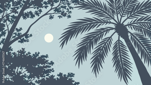 Silhouette of Tropical Trees at DawnDusk with Moon.