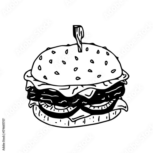 gourmet burger doodle with toppings and skewer