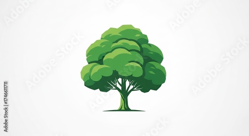 A stylized vector illustration of a lush green tree with a full, rounded canopy, showing dynamic shades. Isolated on a white background, this graphic embodies nature, growth, and vitality. Ideal for e