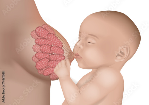 Detailed medical illustration showing a baby breastfeeding with anatomical visualization of mammary glands and milk ducts inside. Process of lactation and milk production during infant feeding.