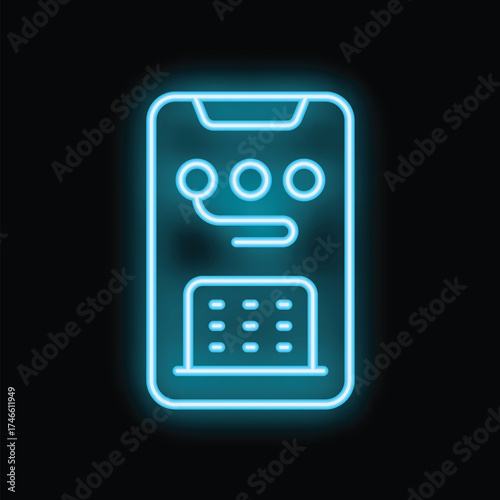 Glowing neon icon of a smartphone displaying a route with three checkpoints and a calendar, perfect for illustrating navigation apps and travel planning