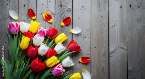 A vibrant and fresh bouquet of colorful tulips, featuring striking red, sunny yellow, crisp white, and cheerful pink blooms, is beautifully arranged on a rustic, weathered gray wooden background. Lush