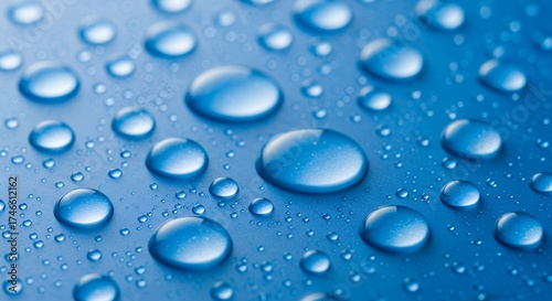 A vibrant, close-up view of numerous sparkling water droplets resting on a clean, textured blue surface. Each spherical drop beautifully reflects light, creating a sense of pristine freshness and clar