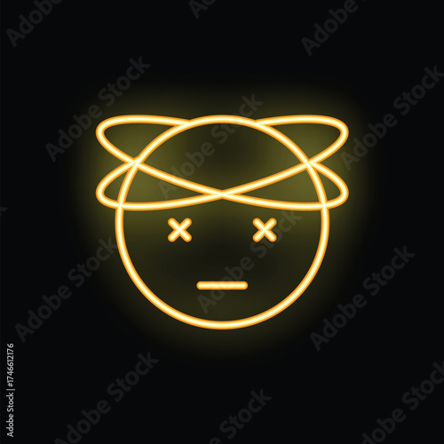 Yellow neon sign showing a dizzy emoji on a black background
