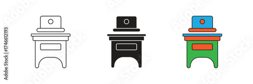 Vector icon of a computer desk with a monitor and a document tray, representing a neat and productive workspace. Great for web, business and entertainment.