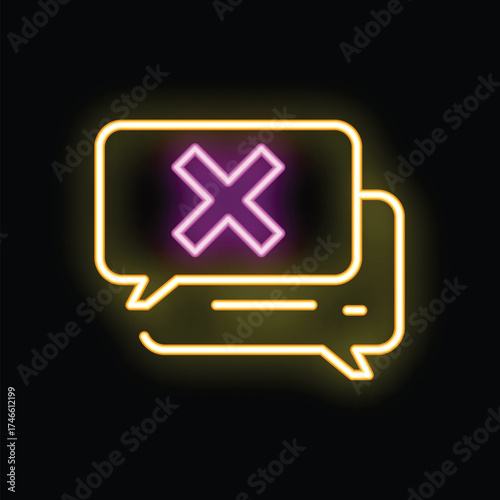 Neon sign showing a speech bubble being deleted with a cross symbol, representing the concept of deleting a message
