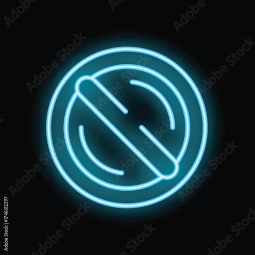 Blue neon sign prohibiting food and beverages, glowing on a black background