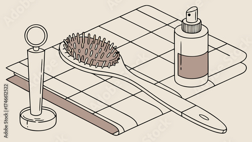 Hairbrush Spray Bottle and Mirror on Towel Flatlay Illustration for Beauty and Hygiene Blogs and Websites.