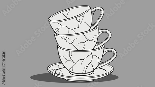Stacked Cracked Cups Broken Mug Teacup Illustration Monochrome Design Graphic Art Kitchenware Ceramics Fragile Damaged Black and White Vector Illustration Simple Design Minimalist Art.
