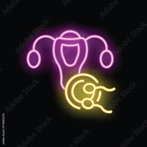 Glowing neon illustration representing the female reproductive system with an egg being fertilized