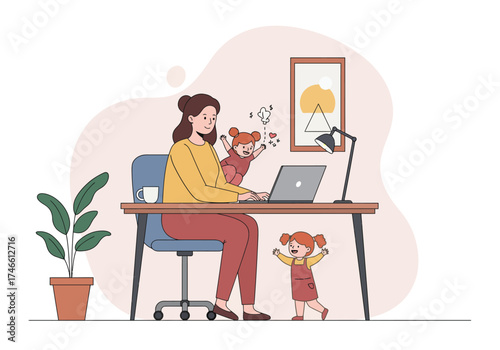 Woman works at desk with laptop surrounded by two playful children one jumping next to her