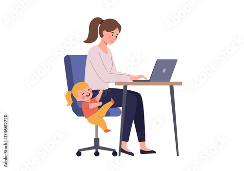 Woman at desk with laptop child clings to chair