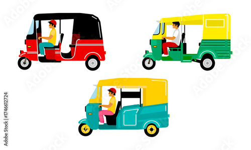 Three auto rickshaws, each with a driver, are depicted in different color combinations against a white background.