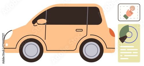 Beige compact car next to touchscreen interface and data charts. Ideal for vehicle technology, innovation, analytics, connectivity, design efficiency, automation, simple flat metaphor