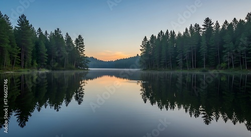 Serene Lake Reflection Amidst Towering Trees at Sunrise