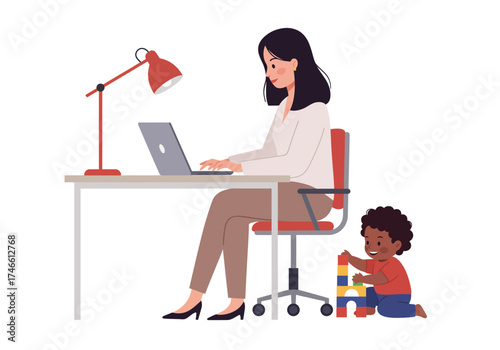 A woman works at a desk while a child plays with blocks nearby