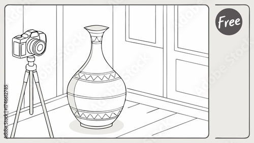 Still Life Photography Setup with Vase and Camera Drawing Coloring Page.
