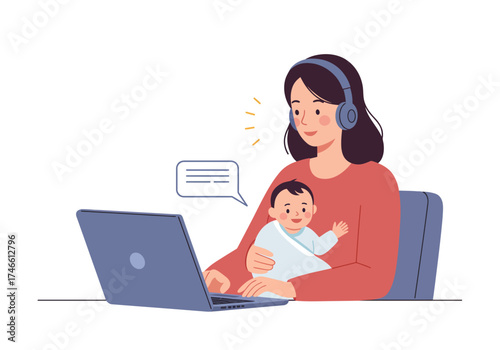Woman with headphones holds baby working on laptop at desk with chat bubble icon
