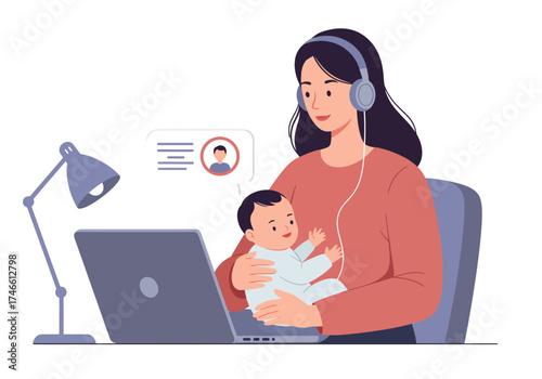 Woman with baby on lap wearing headphones using laptop