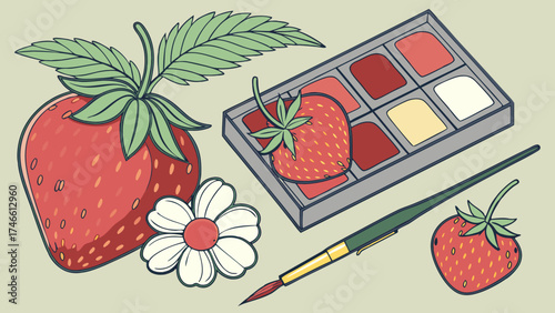 Strawberry Makeup Palette with Flower and Brush.