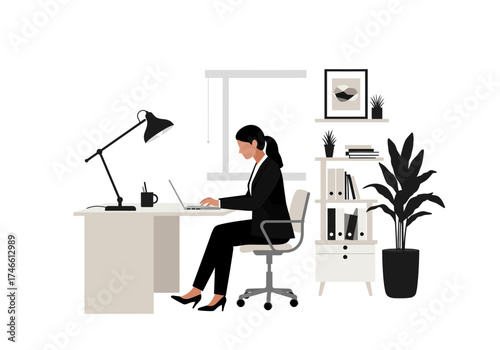 Woman in business attire at desk with laptop surrounded by office decor