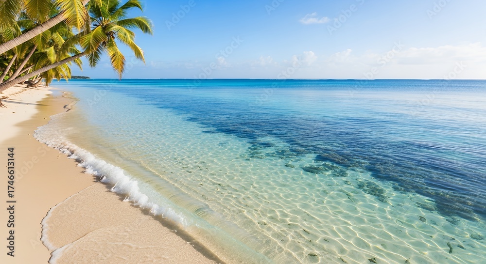 Naklejka premium An idyllic tropical paradise scene unfolds with an inviting expanse of pristine golden sand meeting crystal-clear turquoise waters. Lush green palm trees gracefully arch over the sun-drenched beach, c