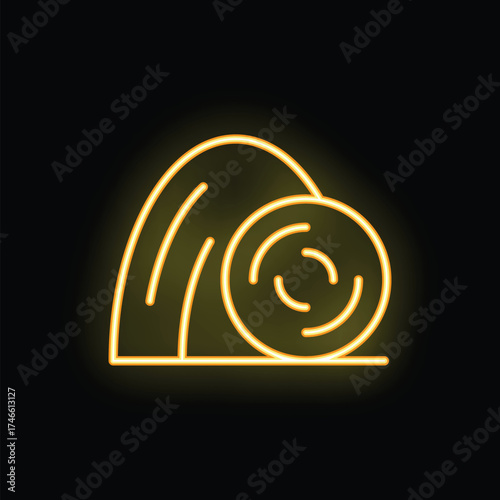 Yellow neon glowing icon of haystack with round bale isolated on black background
