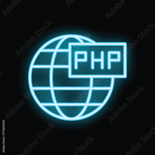 Neon blue icon of the php programming language is overlaying a globe on a black background