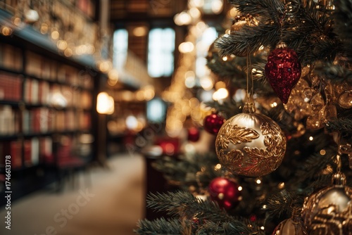 Blurred background of an old library with a Christmas tree
