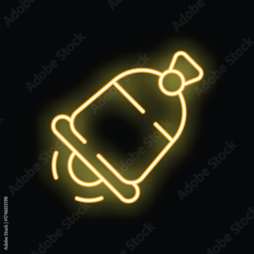 Neon sign of a ringing bell glowing yellow on a black background