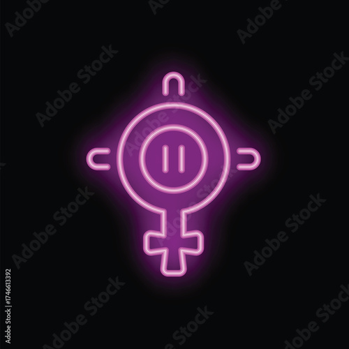 Neon female symbol with a pause button is glowing on a dark background