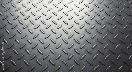 This full-frame, detailed close-up showcases a rugged metallic diamond plate, featuring a repeating pattern of raised ovals and rhomboid shapes across its surface. The material presents a cool, indust