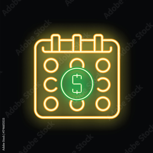 Glowing neon line calendar with a dollar symbol is isolated on a black background, perfect for illustrating concepts such as business planning, paydays, payments, and billing dates