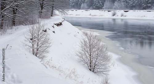 This evocative winter landscape captures the serene beauty of a snow-covered environment. A gentle, undulating bank, heavily blanketed in pristine white snow, slopes down to a calm, partially frozen r