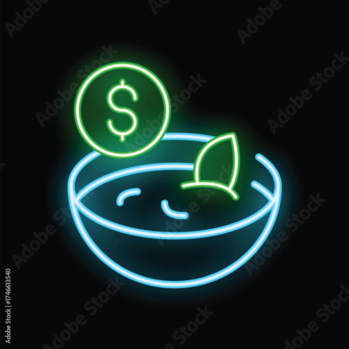Neon sign showing a bowl of hot steaming soup with a dollar symbol above, representing the concept of soup kitchens and the cost of food