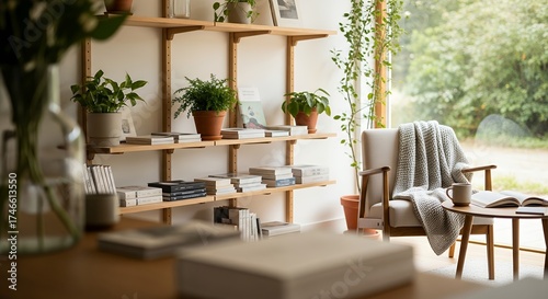 This inviting and serenely decorated contemporary interior space exudes warmth and tranquility, bathed in gentle natural light streaming through a large window that frames lush, blurred greenery. A we