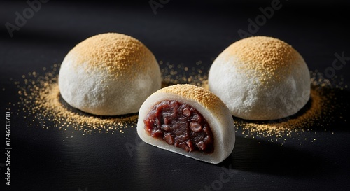 Three delectable traditional sweet rice cakes with a soft, chewy texture, elegantly presented on a dark, textured background. One of the round confections is artfully cut open, revealing a rich, chunk