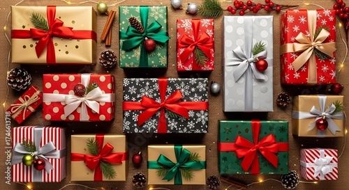 This vibrant overhead flat lay displays a generous assortment of beautifully wrapped presents, featuring an array of festive colors including rich reds, deep greens, shimmering golds, sleek silver, an