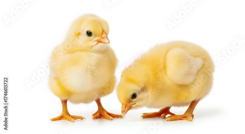 Two adorable, fluffy yellow chicks are captured against a pristine white background, embodying the essence of new life and springtime joy. One small bird stands alert and curious, observing its surrou