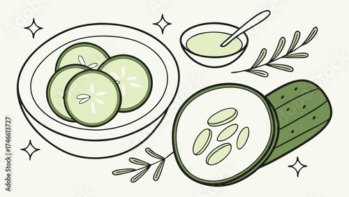 Illustration of Fresh Cucumber Salad and Ingredients.
