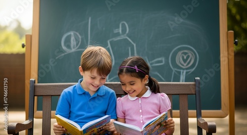 Two bright-eyed young children, a boy and a girl, are joyfully engaged in reading side-by-side on a wooden bench. Their happy expressions reflect a shared moment of learning and discovery, with each c