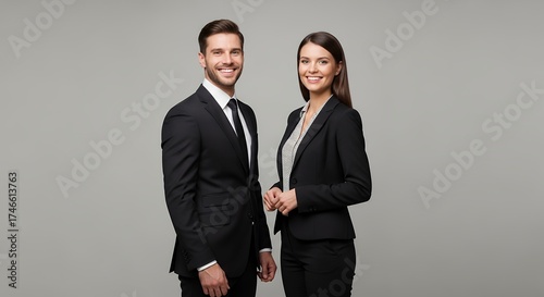 Two confident business professionals, a man and a woman, stand side-by-side, exuding approachability and professionalism with bright, genuine smiles. Posing against a clean, neutral gray background, t