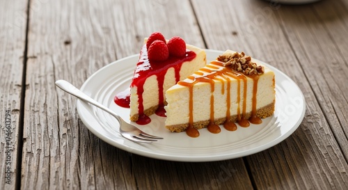 Two decadent slices of creamy cheesecake are artfully presented on a crisp white plate, exuding an irresistible appeal. One slice is lavishly topped with a vibrant red berry sauce, adorned with fresh,