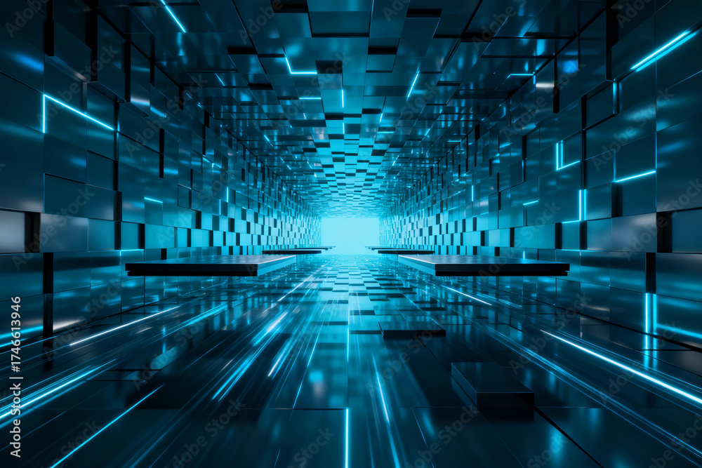 Obraz premium Futuristic corridor with glowing blue lights