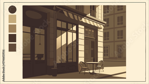 Stylish Sepia-toned Cafe Illustration Outdoor Seating City Street Scene.