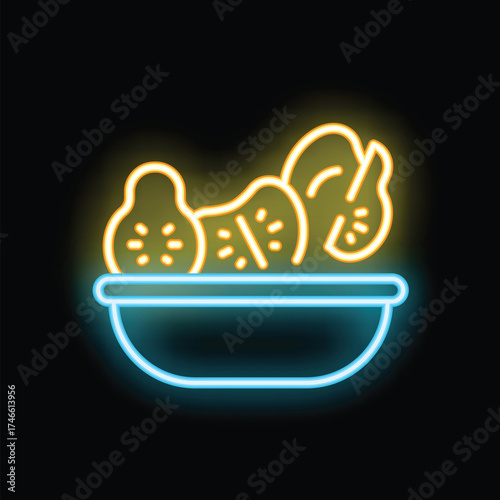 Neon sign depicting a bowl brimming with various sliced fruits, illuminated against a dark backdrop