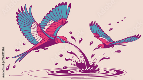 Stylized Birds Drinking from Water Splashing Abstract Avian Art Vector Illustration.