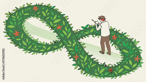 Infinity Symbol Green Leaves Nature Illustration Person Walking Sustainability Concept Environmental Design Eco-Friendly Botanical Art Vector Graphic Organic Shape Growth Regeneration.